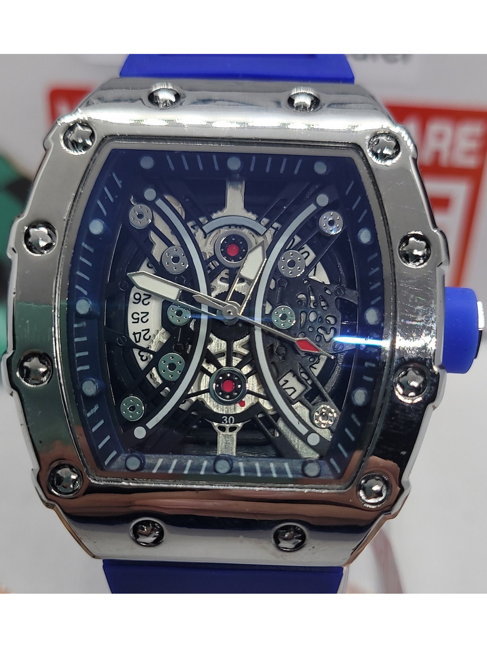 326 AJ Skeleton Dial Blue Silicone Strap Polished Silver Metal Analog Wristwatch